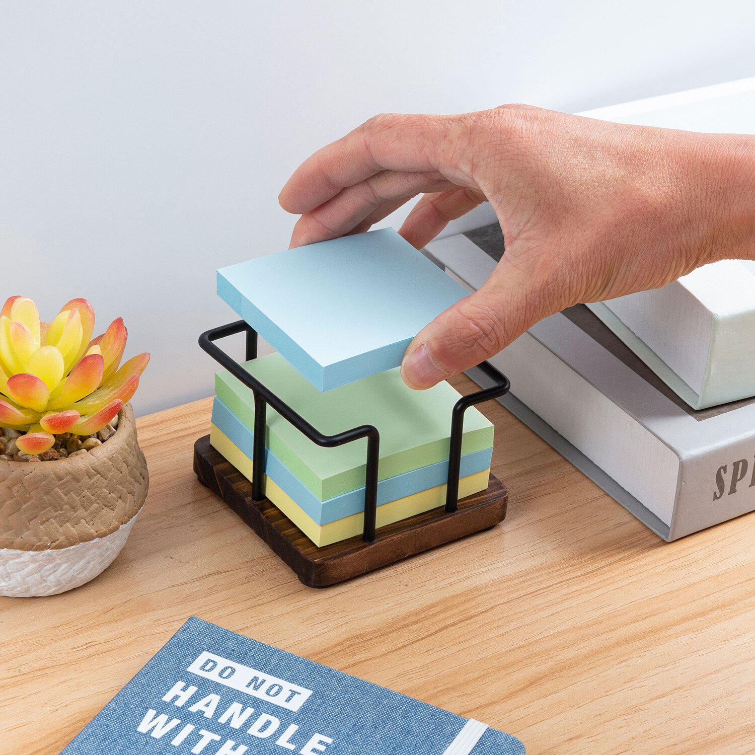 Brown Wood and Black Metal Sticky Note Cube Holder, Memo Pad Storage Dispenser