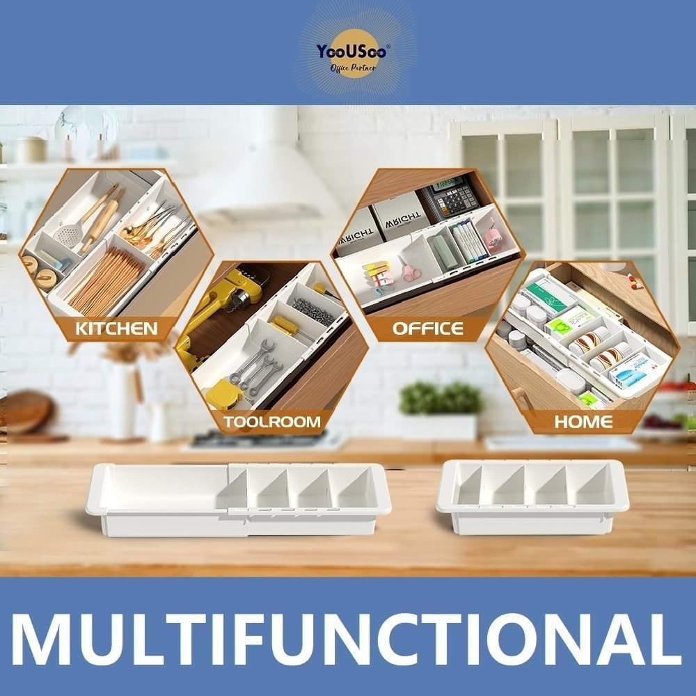 EooUooIP Sliding Drawer Tray with Adjustable Dividers, Expandable White