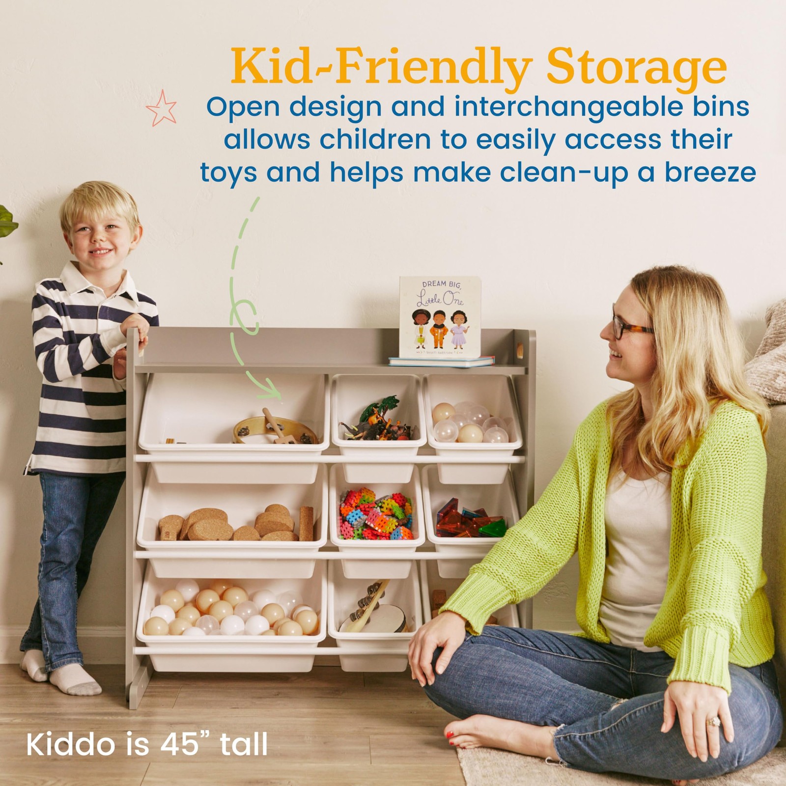 3-Tier Organizer with Shelf and 9 Removable Plastic Bins, 3×3, Toy Storage, G…
