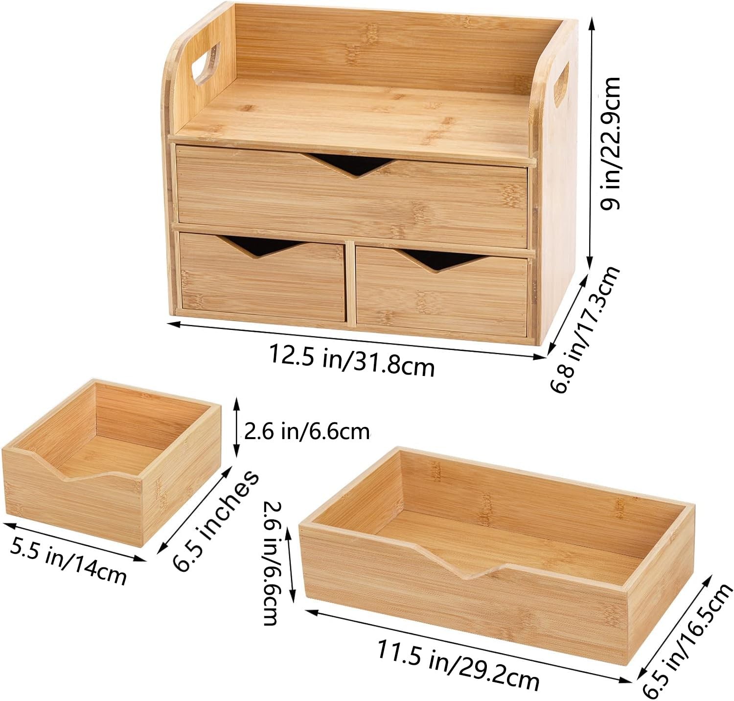 Hacaroa 3 Tier Bamboo Desktop Organizer with 3 12.5 x 6.8 x 9 inches, Wooden