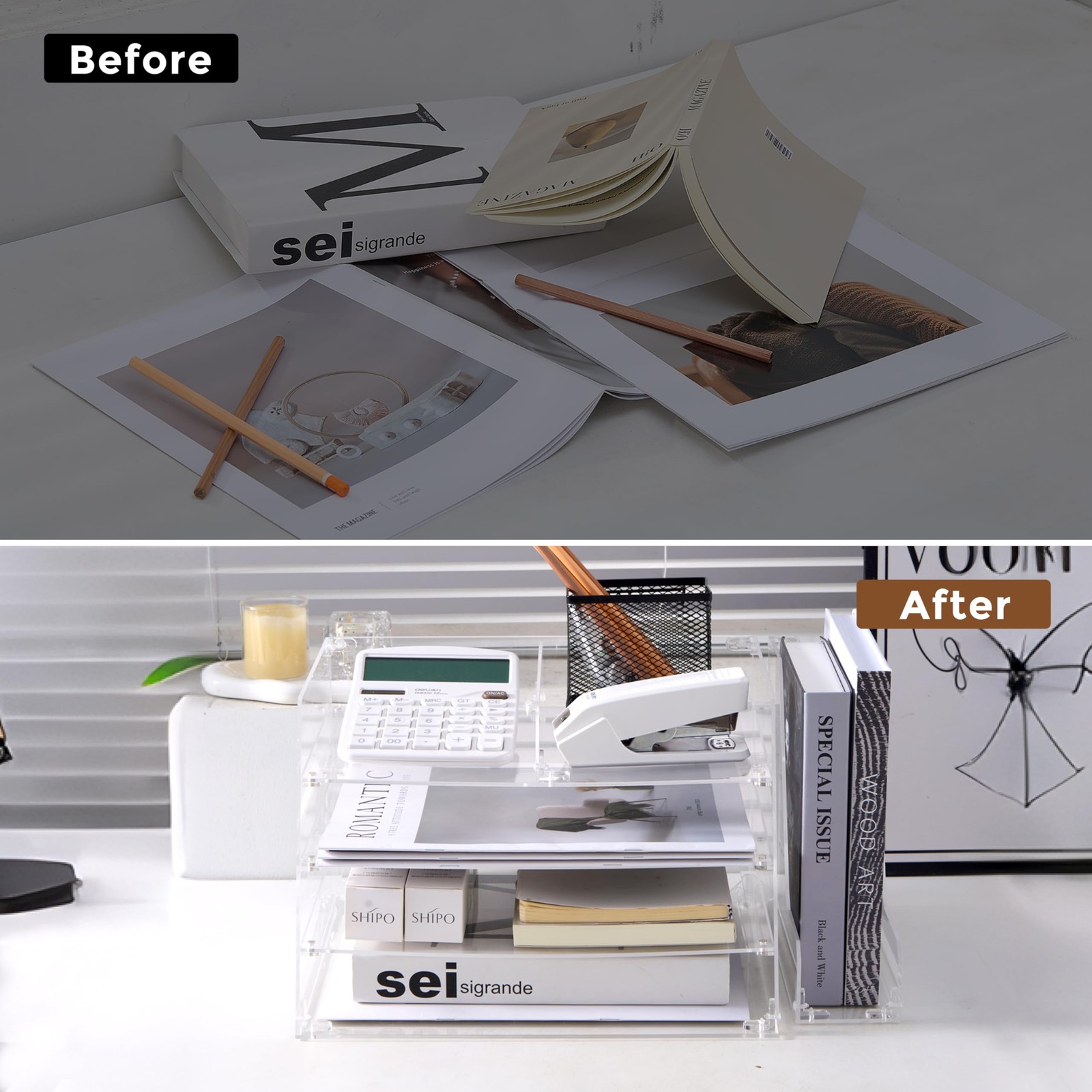 , Acrylic Desk Organizer – 4-Tier Tray with Vertical File Holder for Books, S…