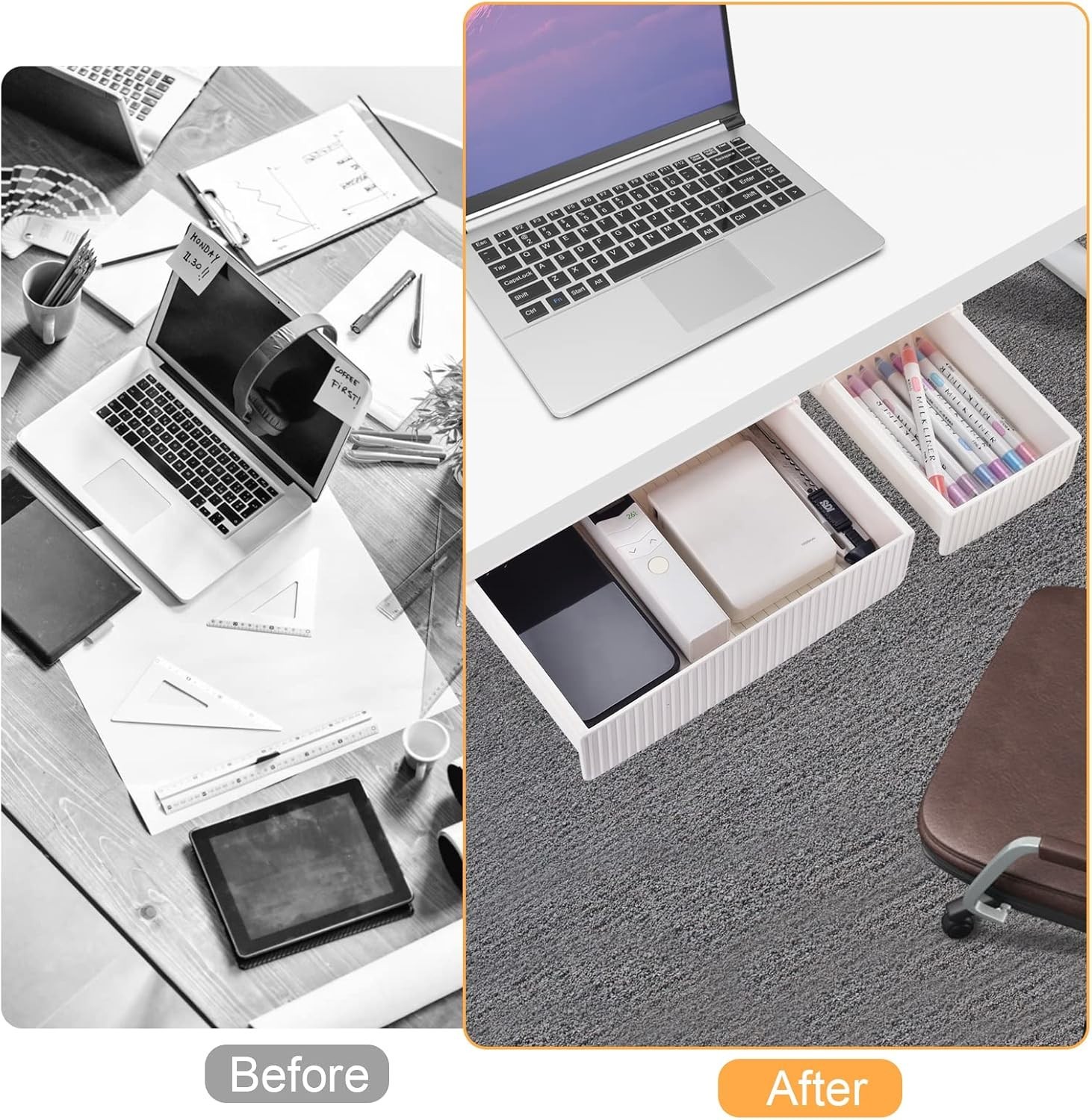 Under Desk Drawer Set – Self-Adhesive, Slide-Out, & Polished White Clean Design