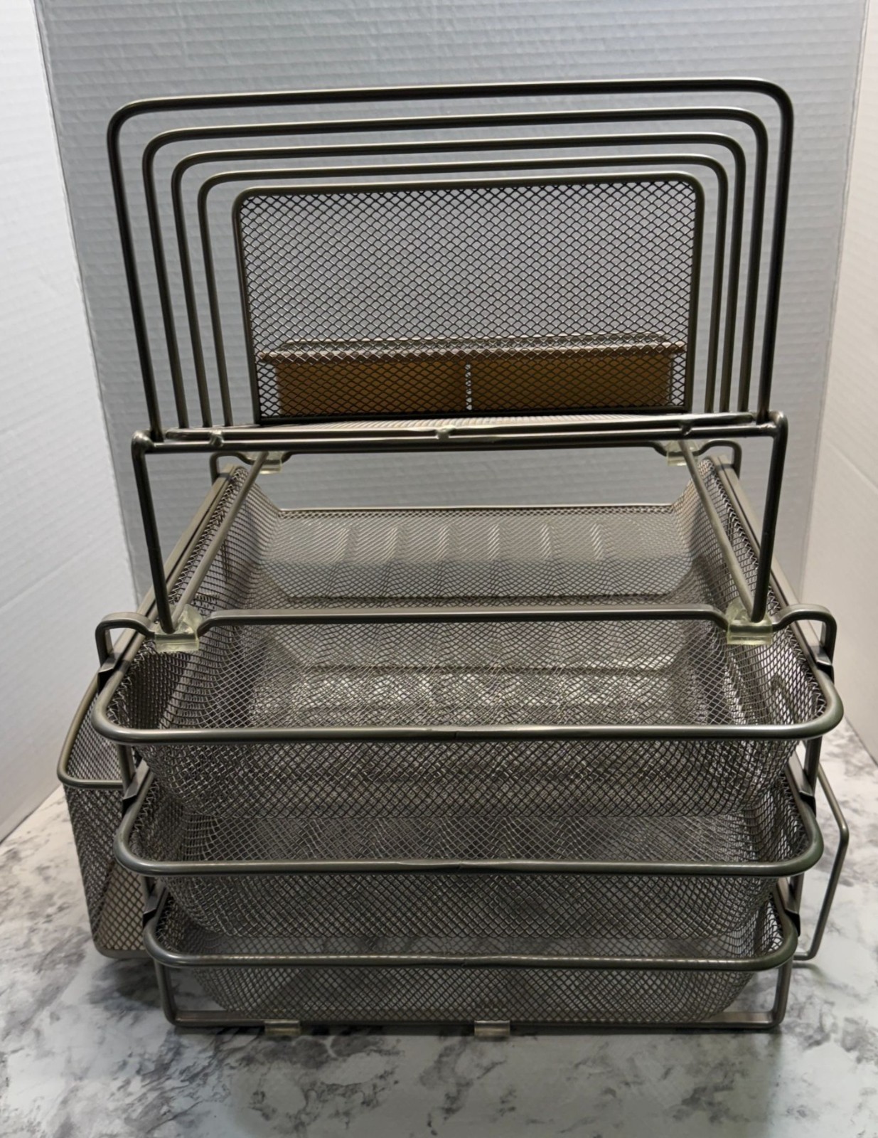 Mesh Metal Office Desk Organizer Steel Grey Finish Sliding Baskets Paper Holders