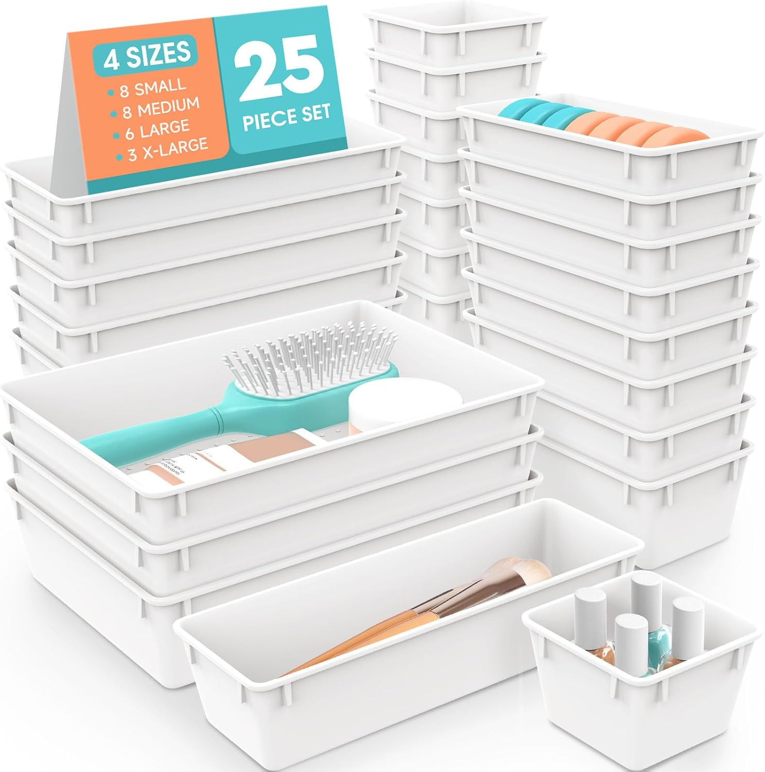 25 Pc White Plastic Drawer Organizer Set 4 Sizes for Desk Makeup Jewelry