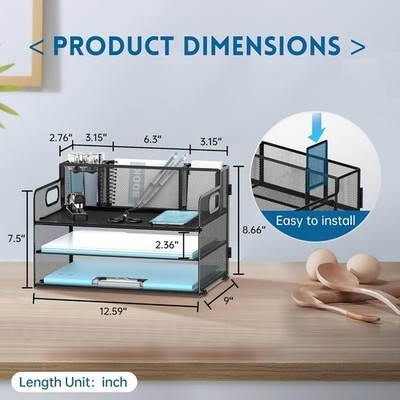 3 Tier Desk File Organizer with Pen Holder, Mesh Paper Tray File Organizer for