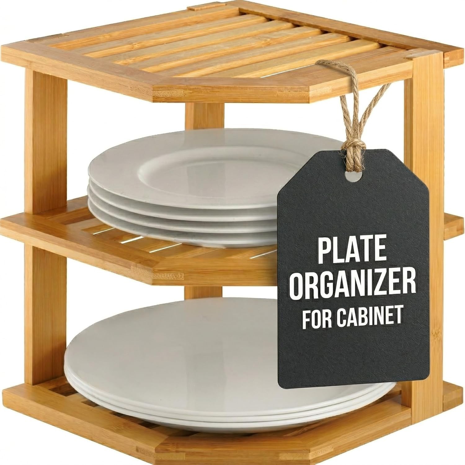 3 Tier Bamboo Corner Shelf – Elegant Space Saver for Plates & Mugs, 10x10x9.5″