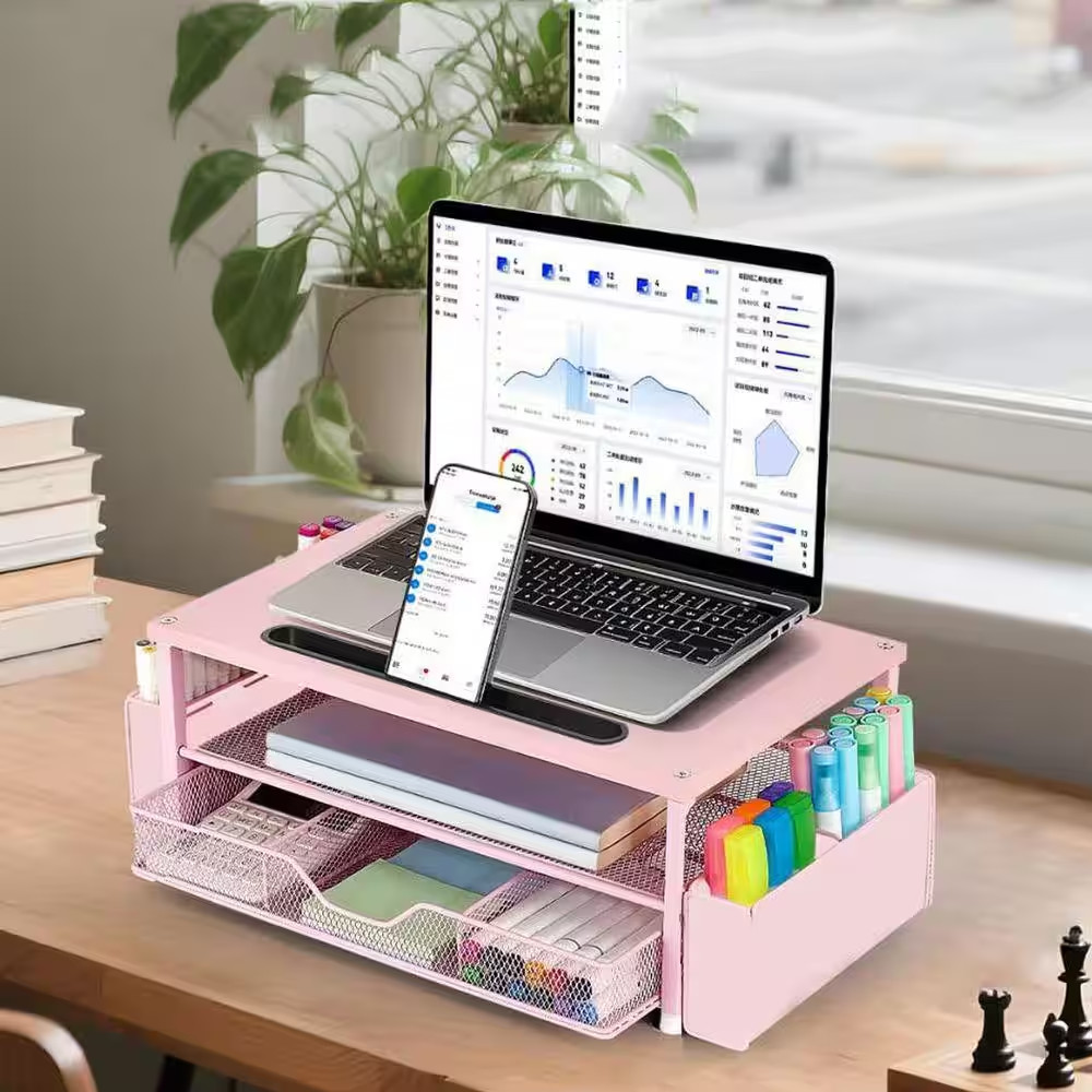 Pink 18.8 In. X 6.4 In. Metal Modern Desk Organizer Stand with Drawer