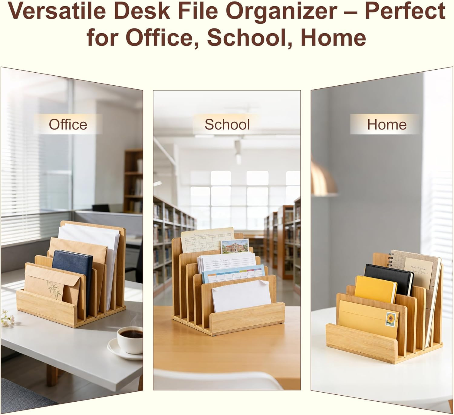 Bamboo Desk File Organizer, 5-Section Vertical Mail Sorter, Home Office Desktop