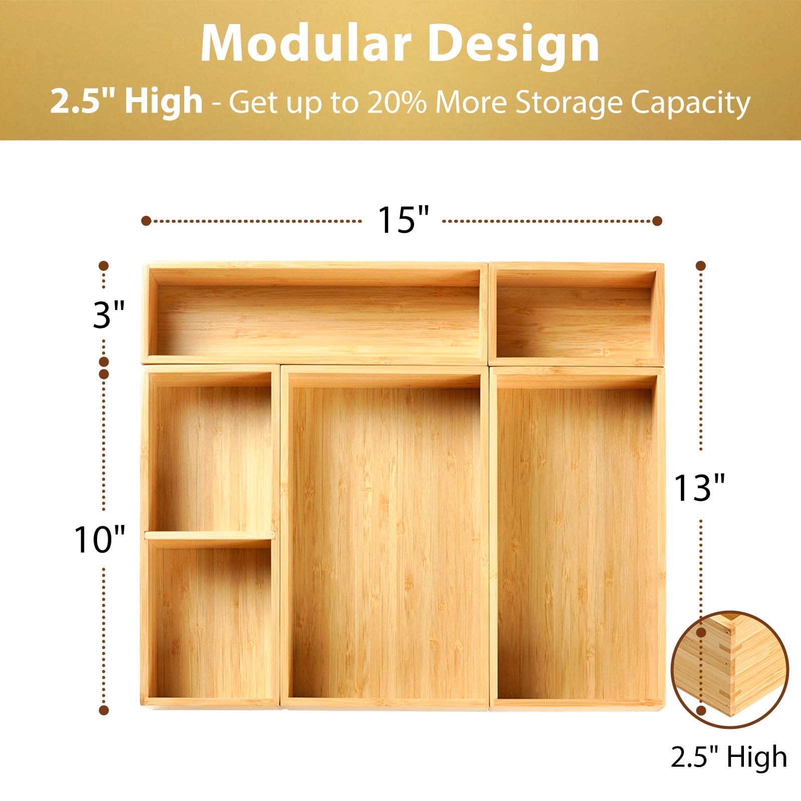 Umilife Drawer Organizer Storage Boxes, 15 x 13 x 2.5″ (5 Boxes), Natural