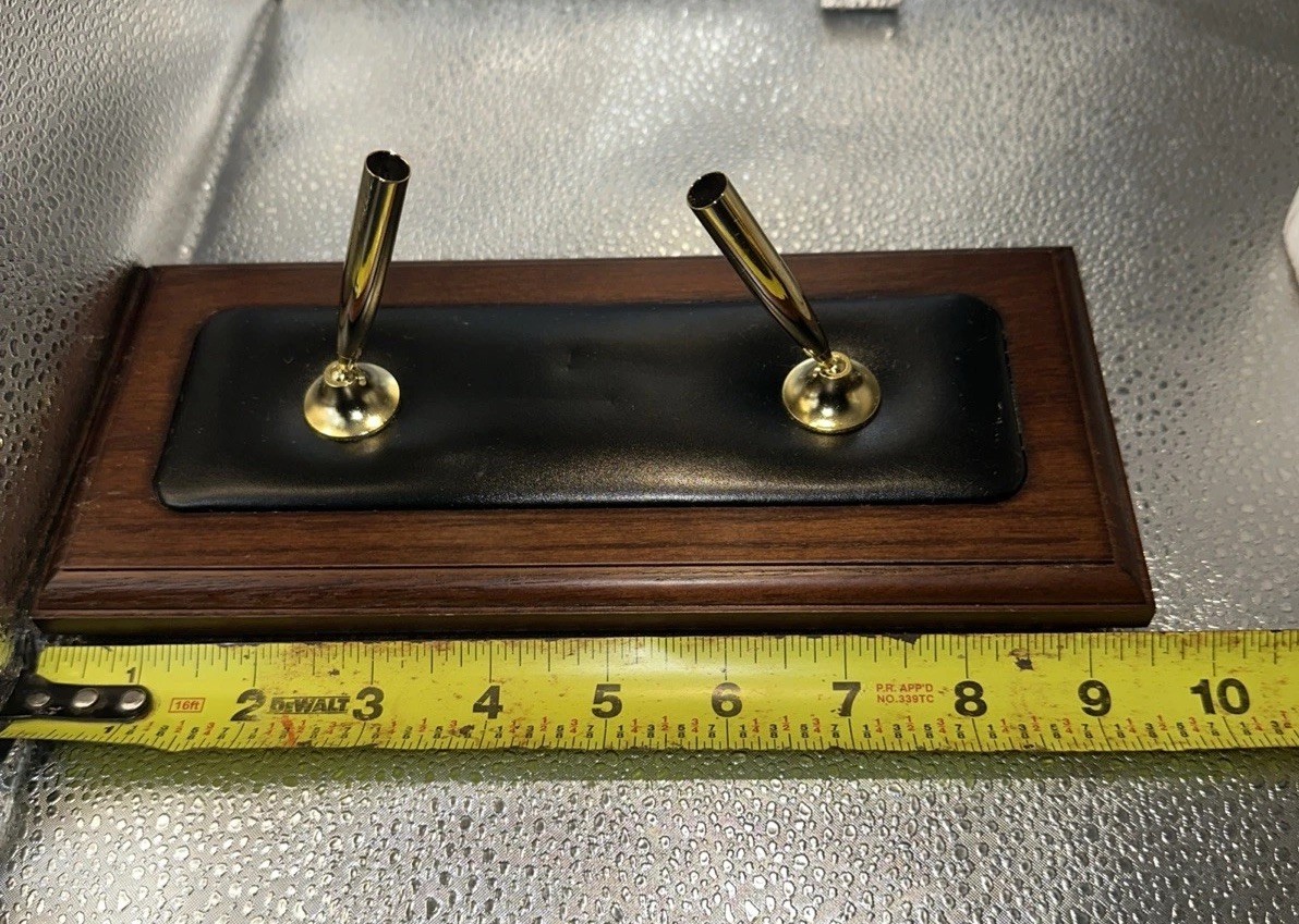 Elegant Walnut & Black Leather Double Pen Stand with Rolling Ball Pen Decor 9.5”