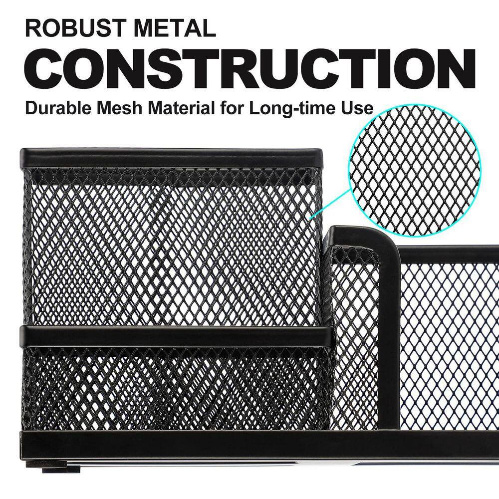 Black Metal Mesh Desk Organizer 3-Compartment Pen Pencil Holder Non-Slip Base Of
