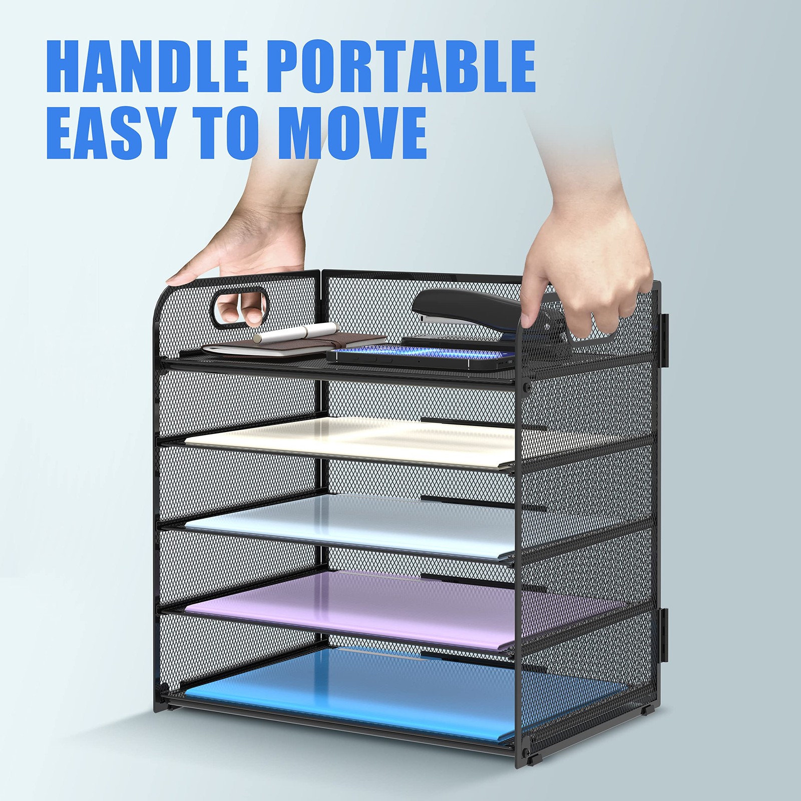 Mesh Desk File Organizer with Five Trays and Handle Paper Sorter for Office