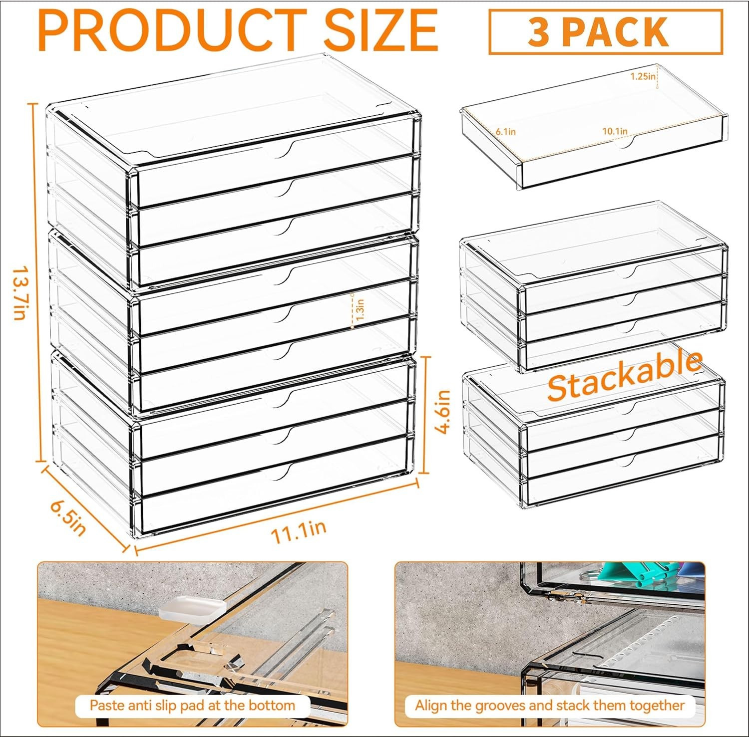 11.1 Inch Long Clear Drawer Organizers Stackable,3 Pack Small Acrylic Drawers,Sc