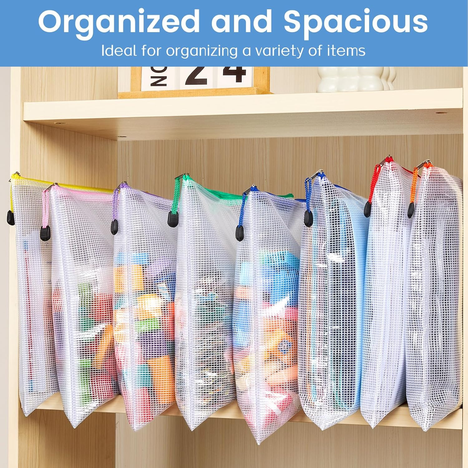 24 Pack Mesh Zipper Pouch with Sticky Labels, A4 Mesh Bags, Toy Storage Board Ga