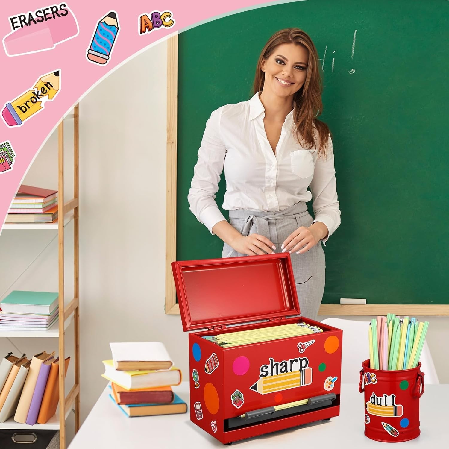 8-Piece Red Stainless Steel Pencil Dispenser Kit for Classrooms