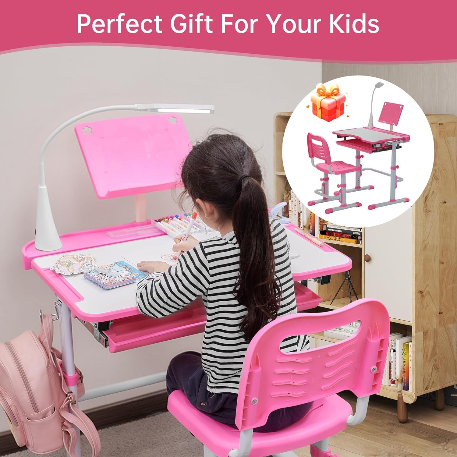 Kids Desk and Chair Set, Height Adjustable Child’s School Study Writing