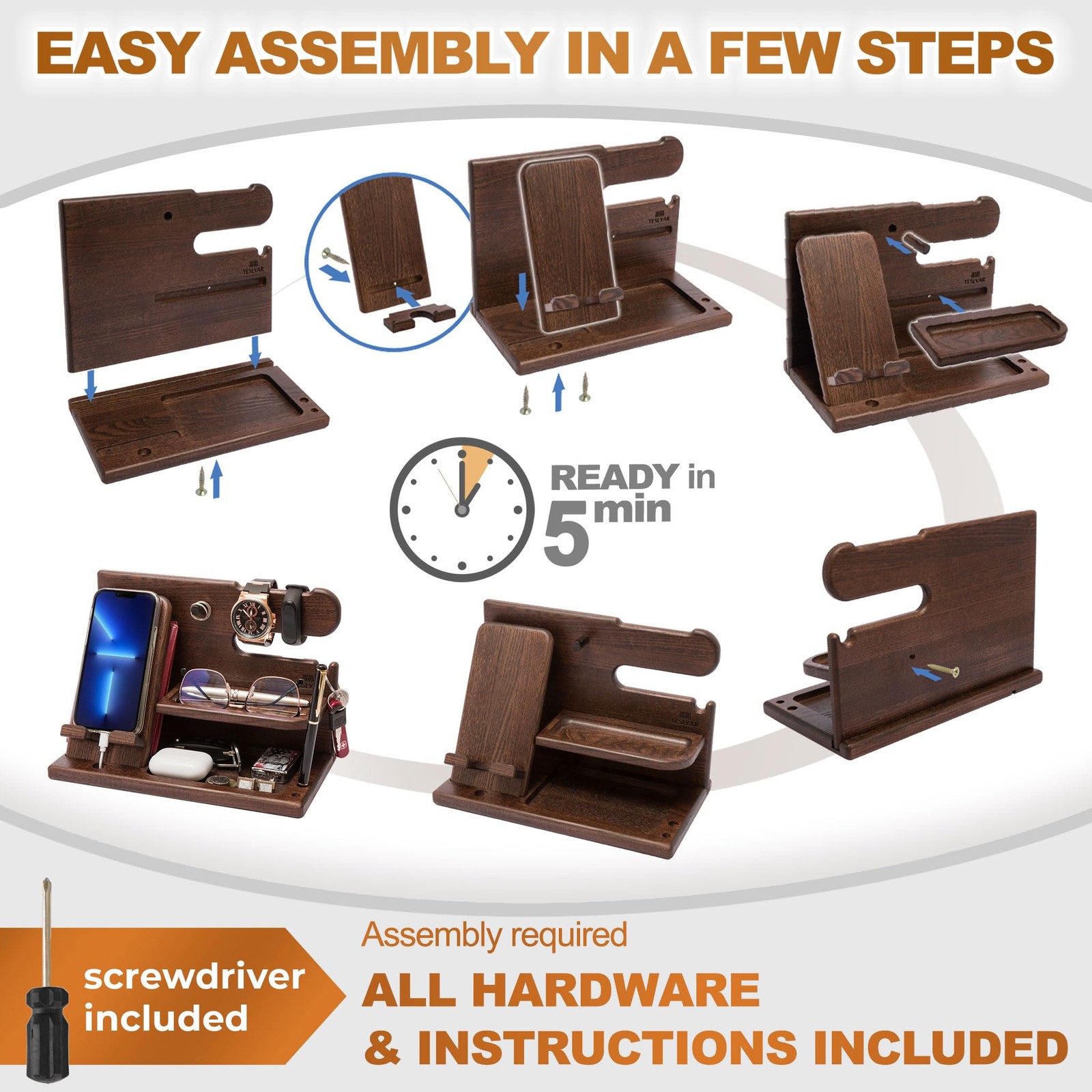 TESLYAR Wood Phone Docking Station for Men – Desk or Nightstand Bourbon Brown