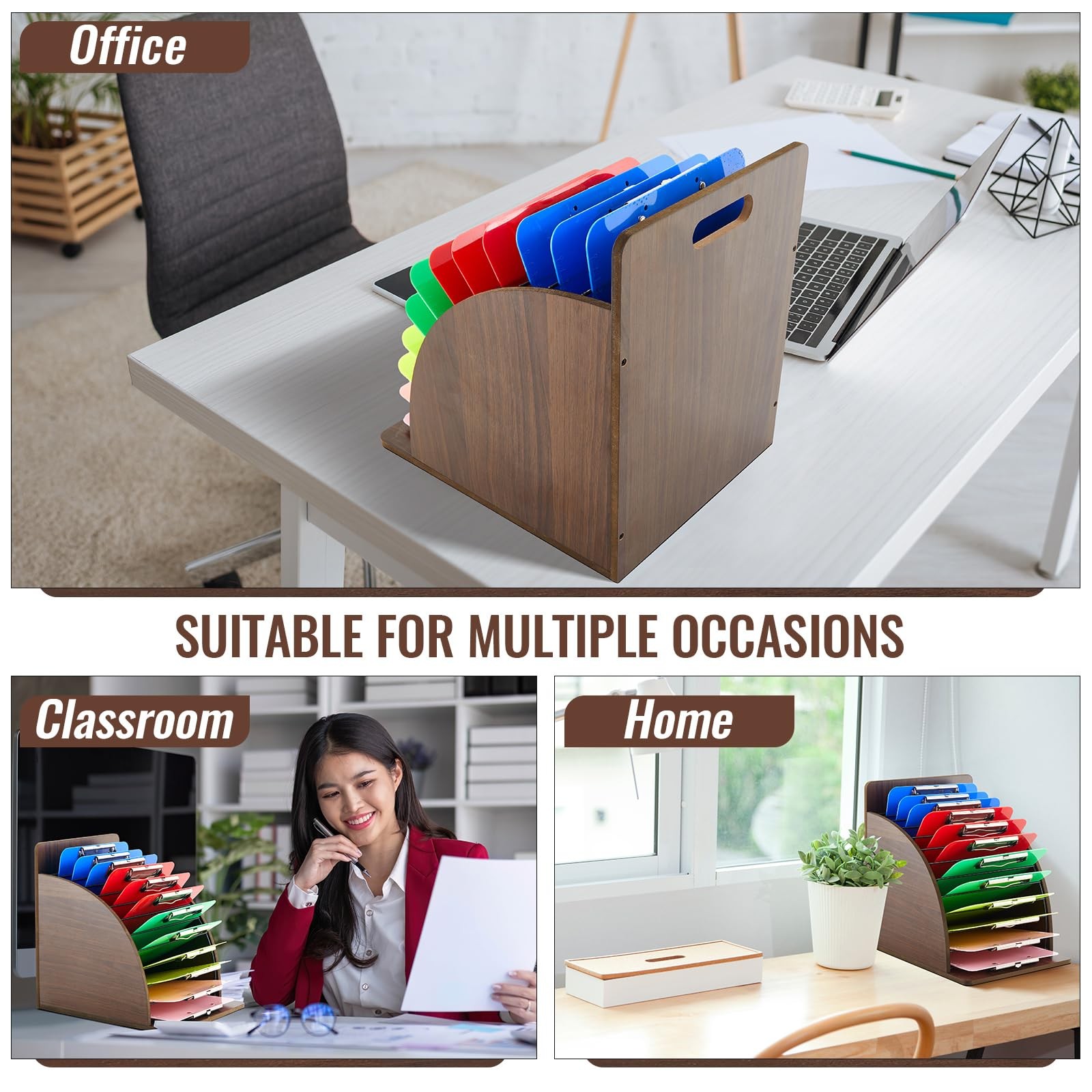 Wooden Clipboard Holder Storage Metal Rack Raised Side Panel Walnut Finish