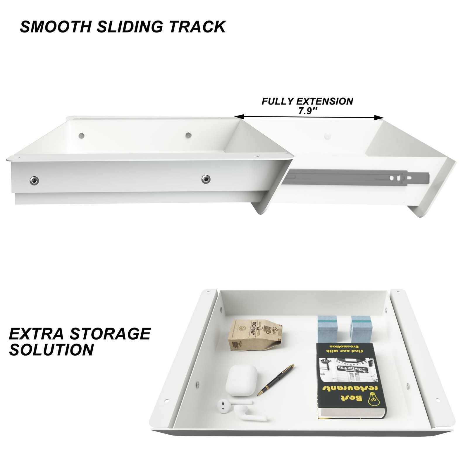White Under Desk Drawer Removable Tray 15.4 Inch Wide 2in1 Organizer 60 Tilt