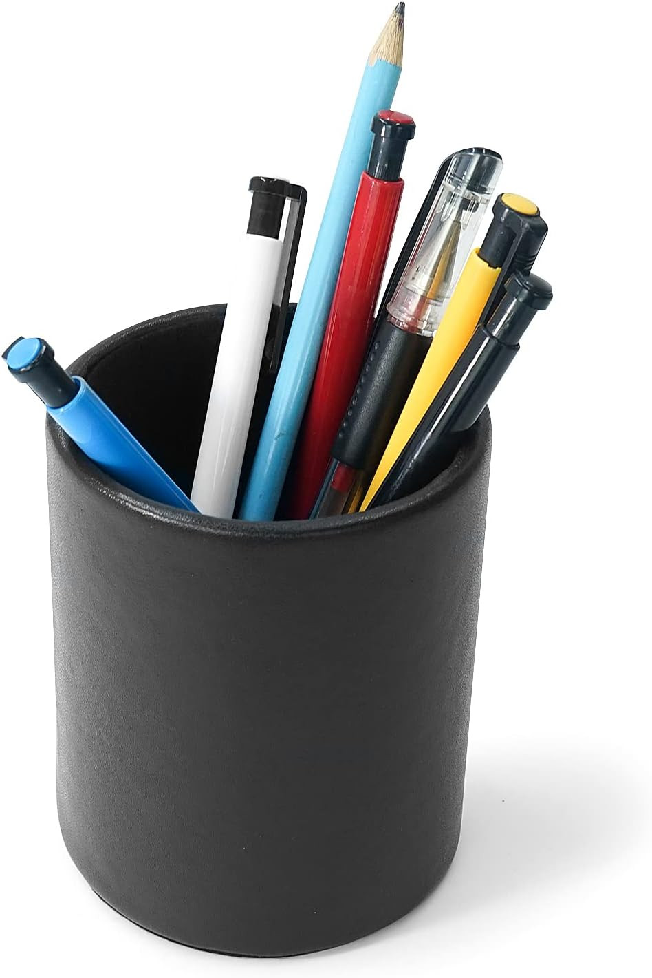 Leather Pencil Holder Pen Cup Desk Organizer Round Black 3.5×4