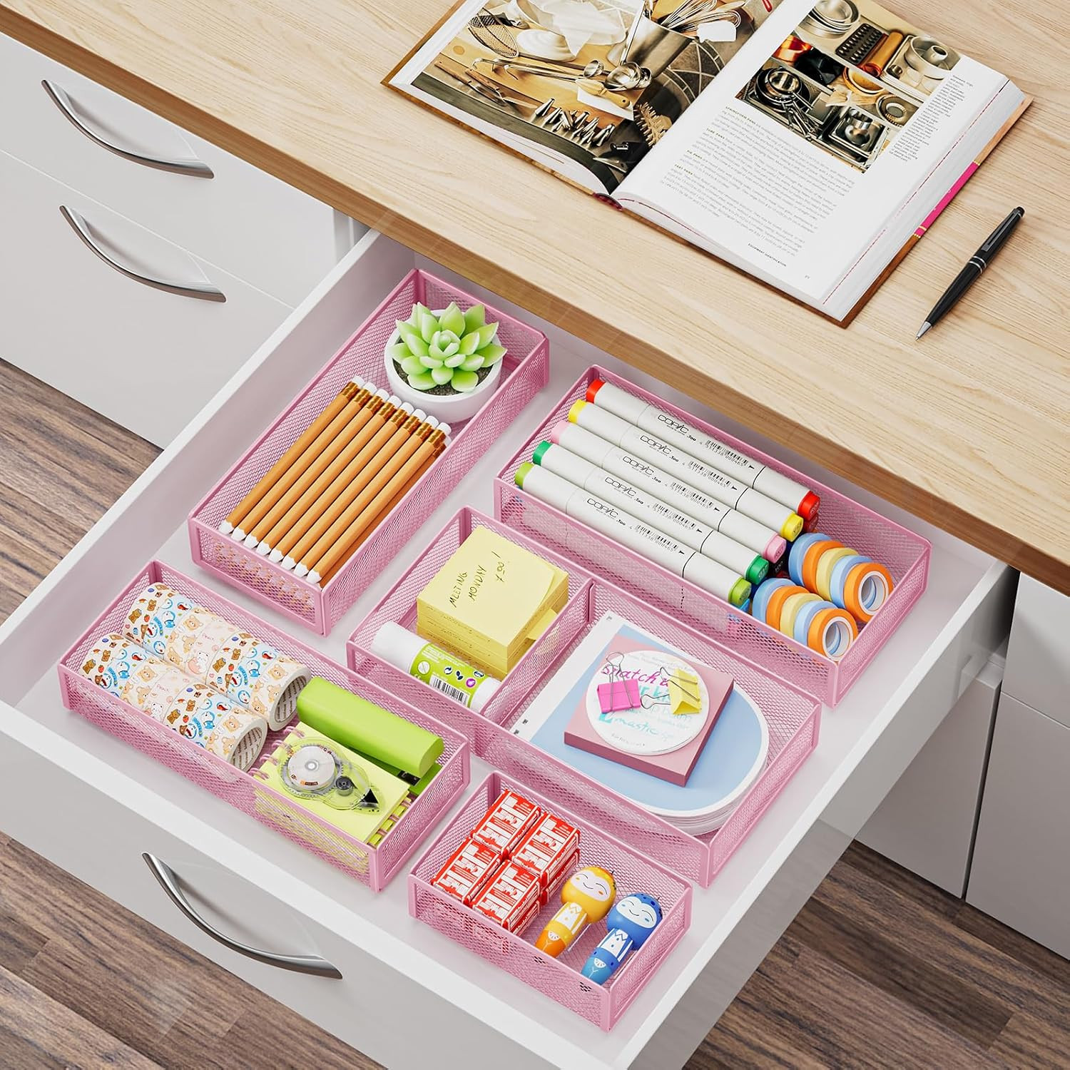 5 Pack Desk Drawer Organizer Set, Mesh Drawer Storage Trays with 1 Adjustable Di