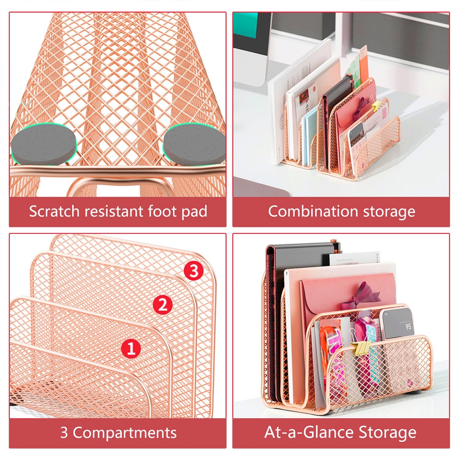Rose Gold Mail Sorter, 3 Slot Metal Holder, Desktop File Organizer