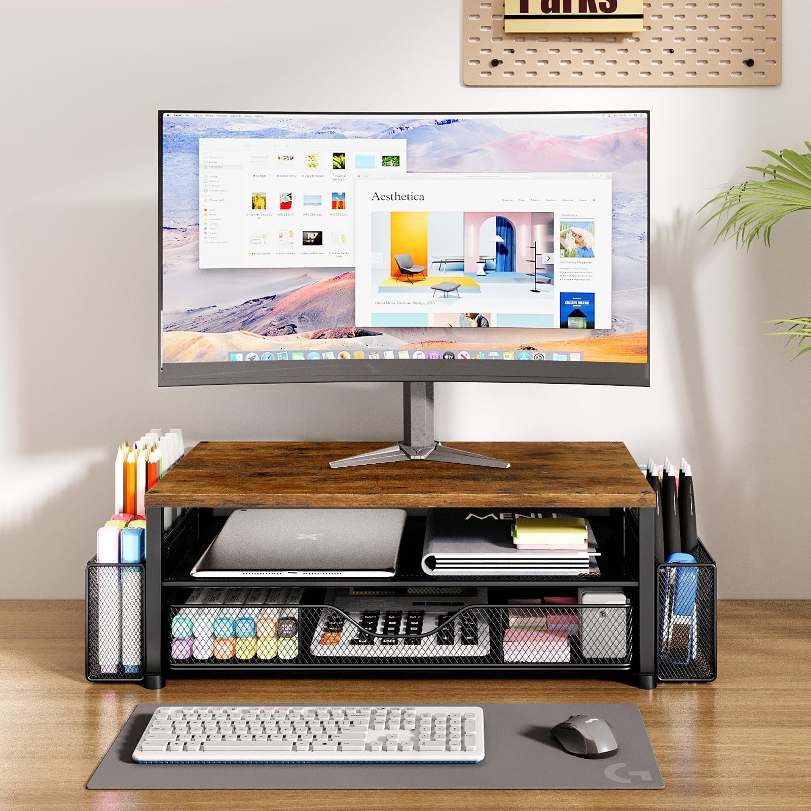 2-Tier Wood Monitor Stand Riser with Drawer & Pen Holders, Desk Organizer, Brown