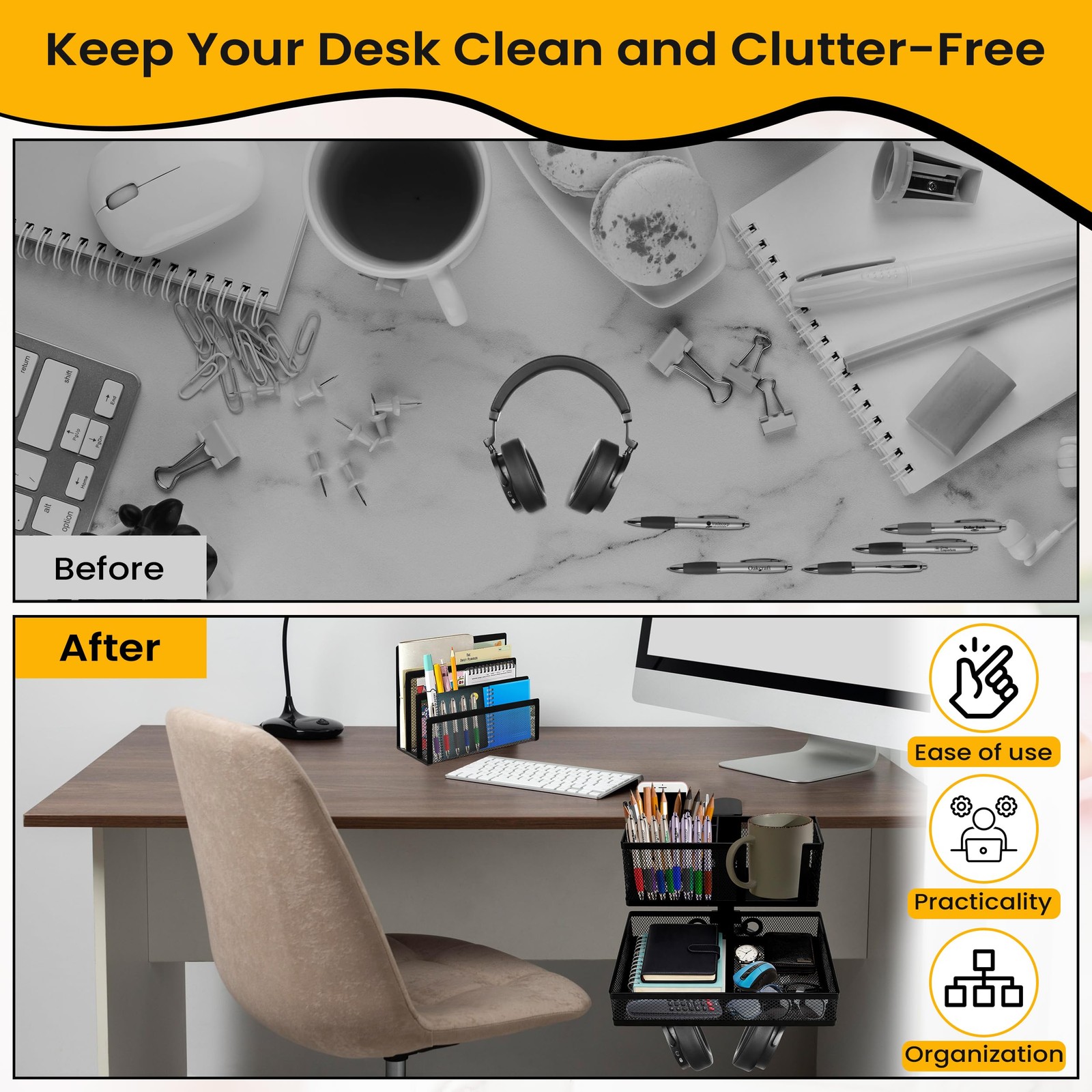 6-in-1 Clamp On Desk Organizer with Cup Holder & 360Â° Rotating Under Desk Dra