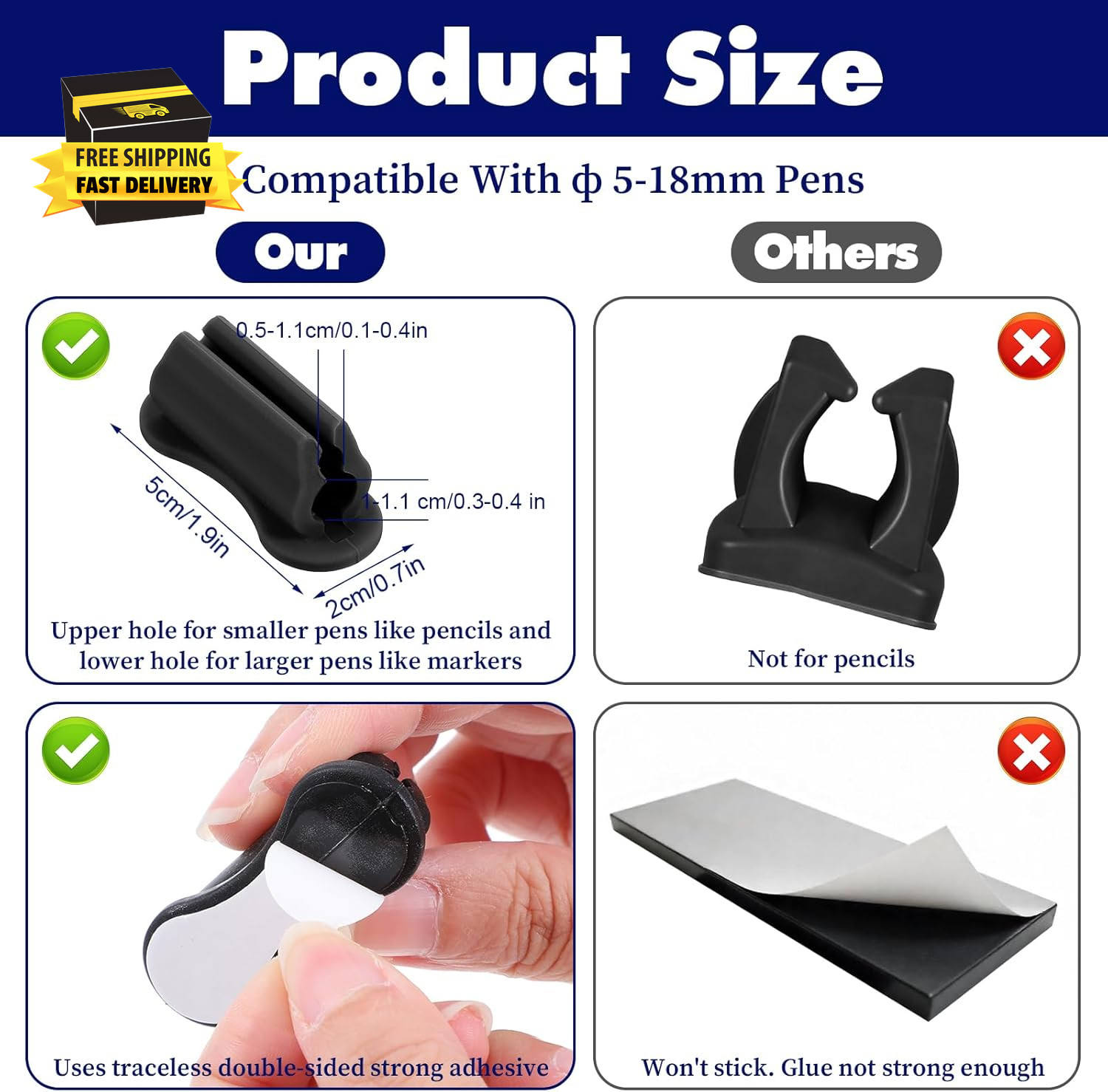 6 Pcs Adhesive Pen Holder for Wall, Sticky Silicone Desk Pencil Holder Marker Ho