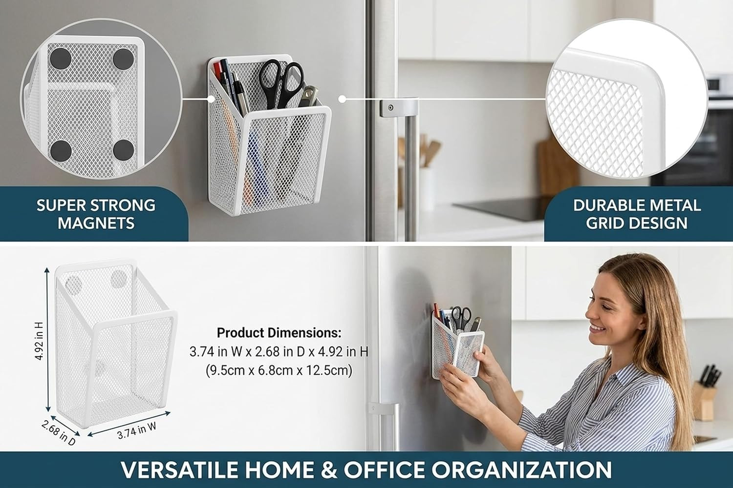 Wall Mounted Pen Holder Organizer – Mesh Storage Basket for Fridge, Office, Kitc
