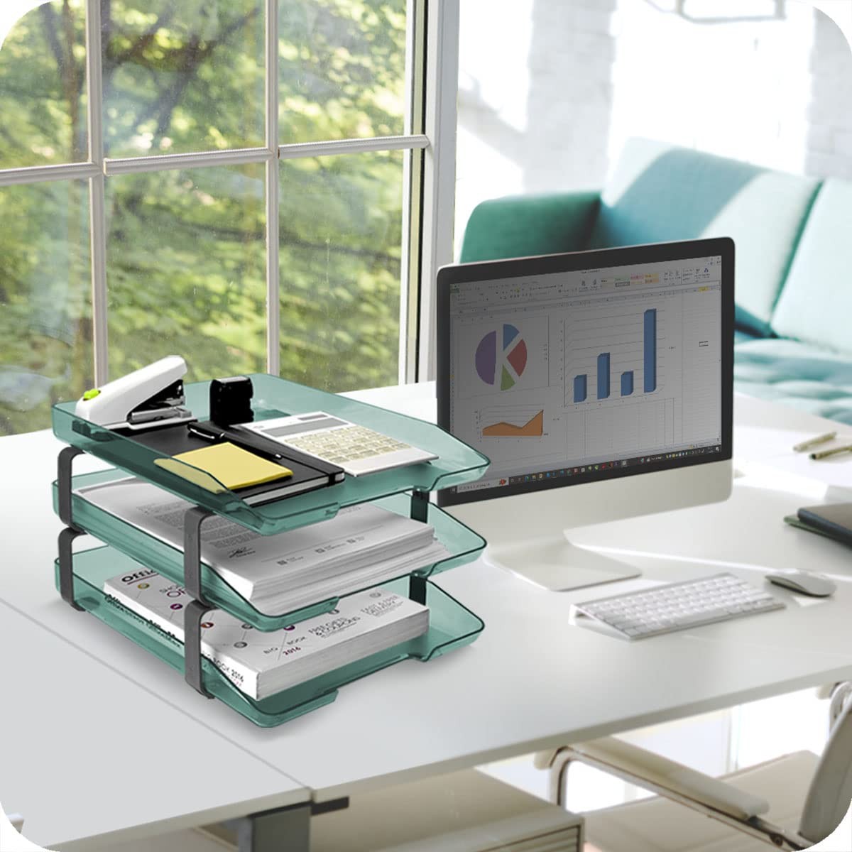 Traditional 3Tier Letter Tray Front Load A4 Desktop Organizer Clear Green