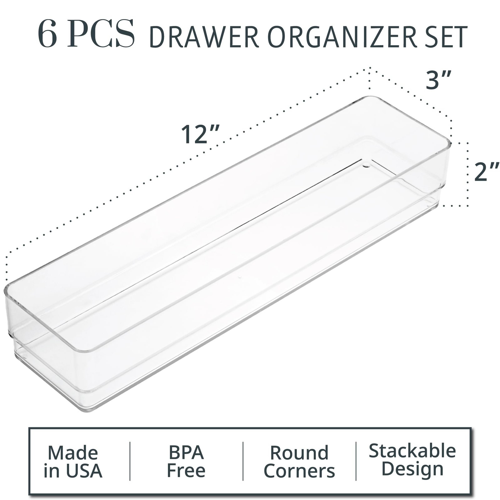 STORi SimpleSort 6-Piece Stackable Clear Drawer 12x3x2″ (Set of 6),