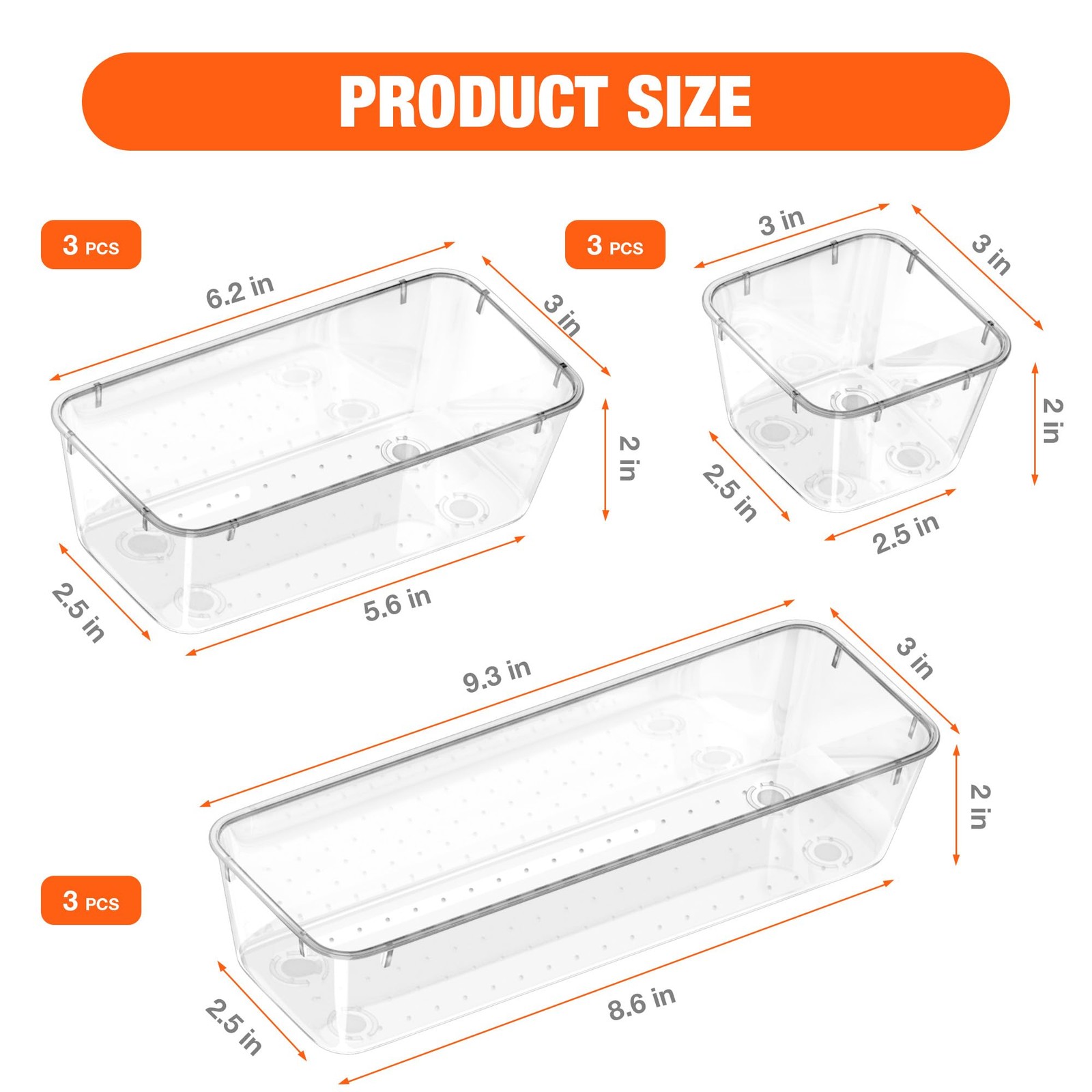 ValueMax 9 PCS Clear Plastic Drawer Organizers Set with Non-Slip Transparent