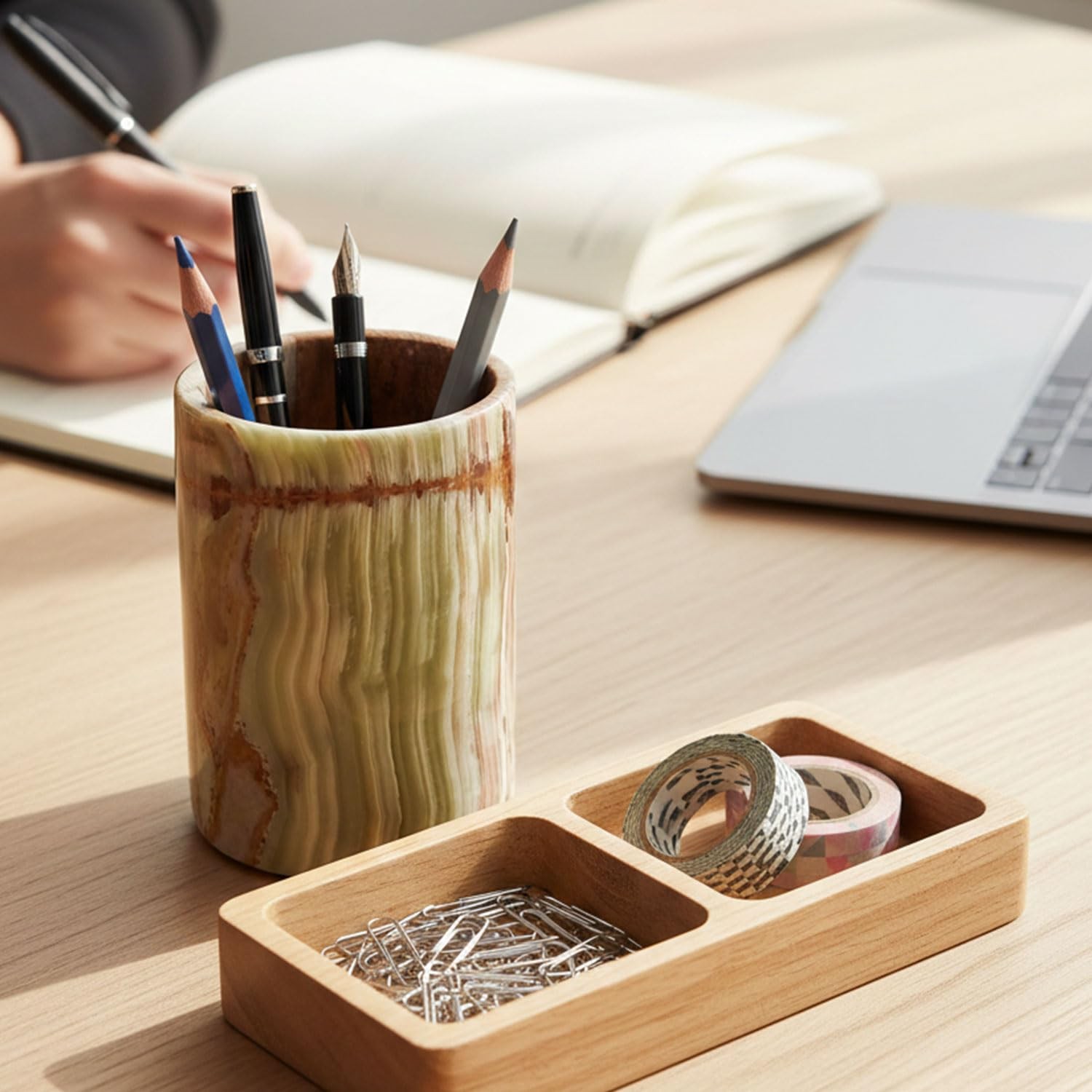 Marble Pen Holder For Desk 4″ Inches Green Onyx Handmade Makeup Brush Cup for…