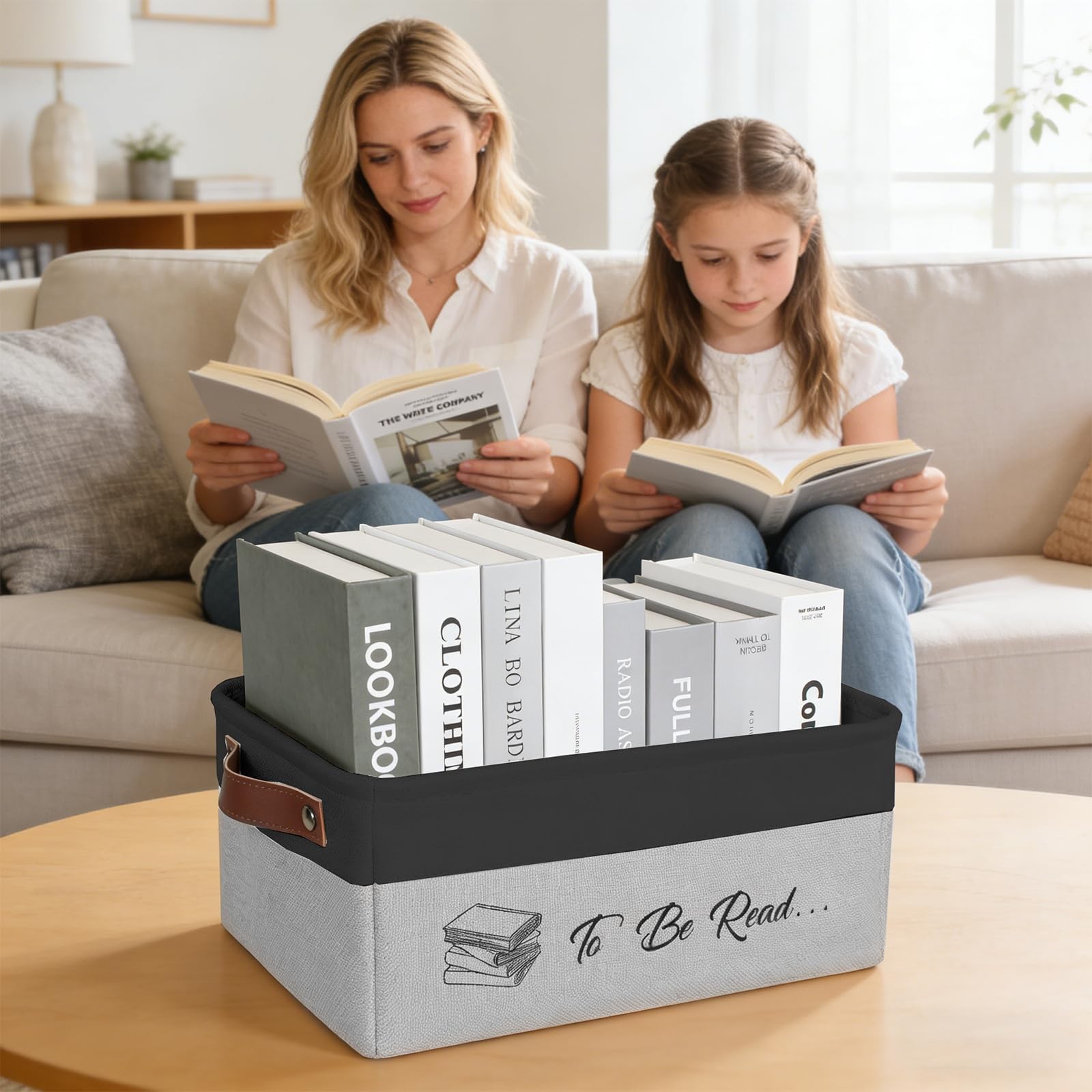 TBR Book Storage Basket Organizer Bin Leather Handles Reading Lover Gifts