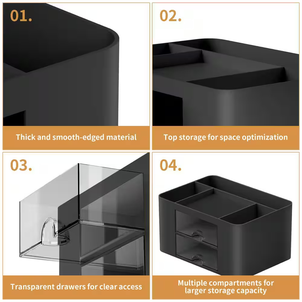 3 Compartments Pen Holder with 2 Drawers, Multi-Functional Desk Organizer for Of