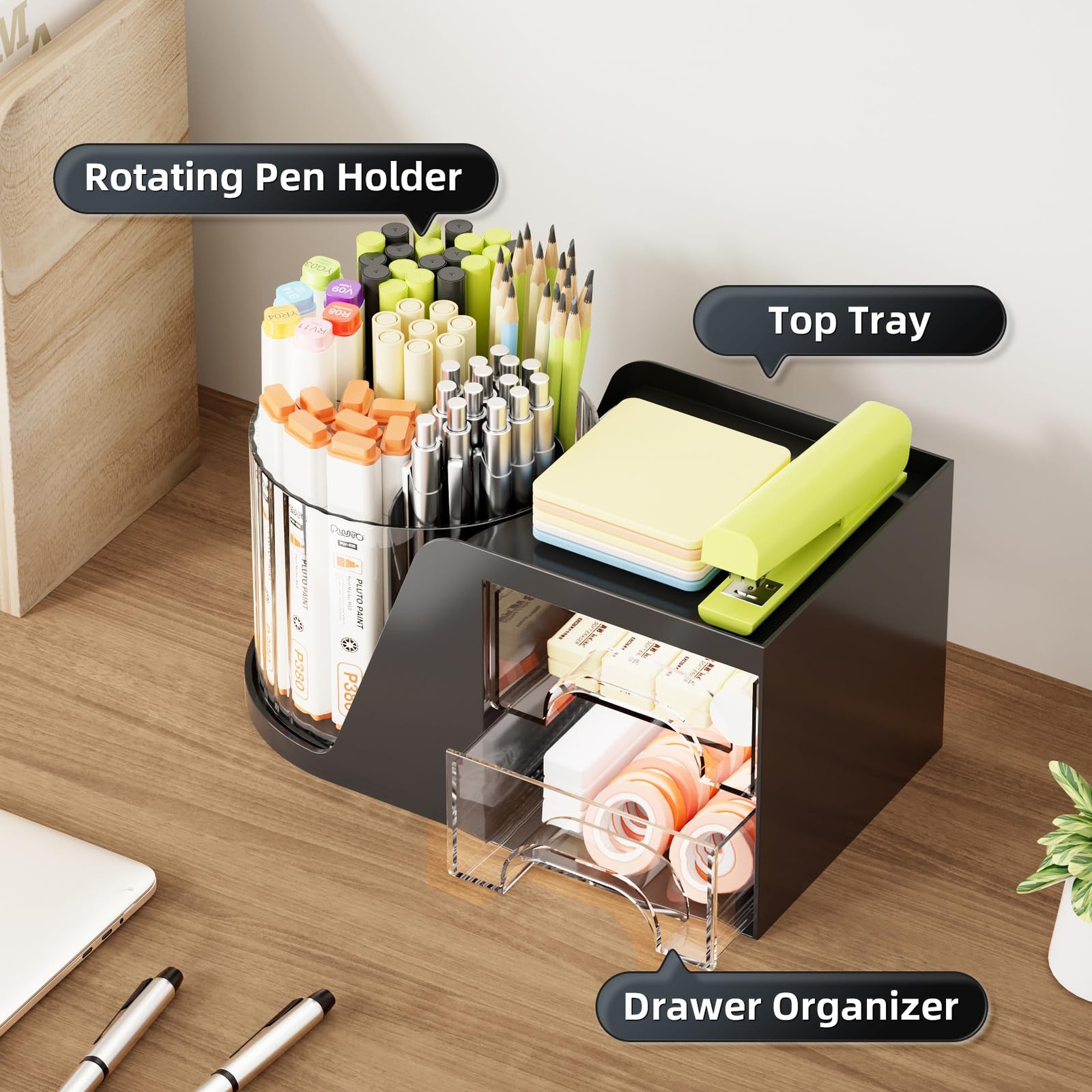 Marbrasse Desk Organizer with 2 Drawer, 360°Rotating Pen Holder, Desk Organiz…