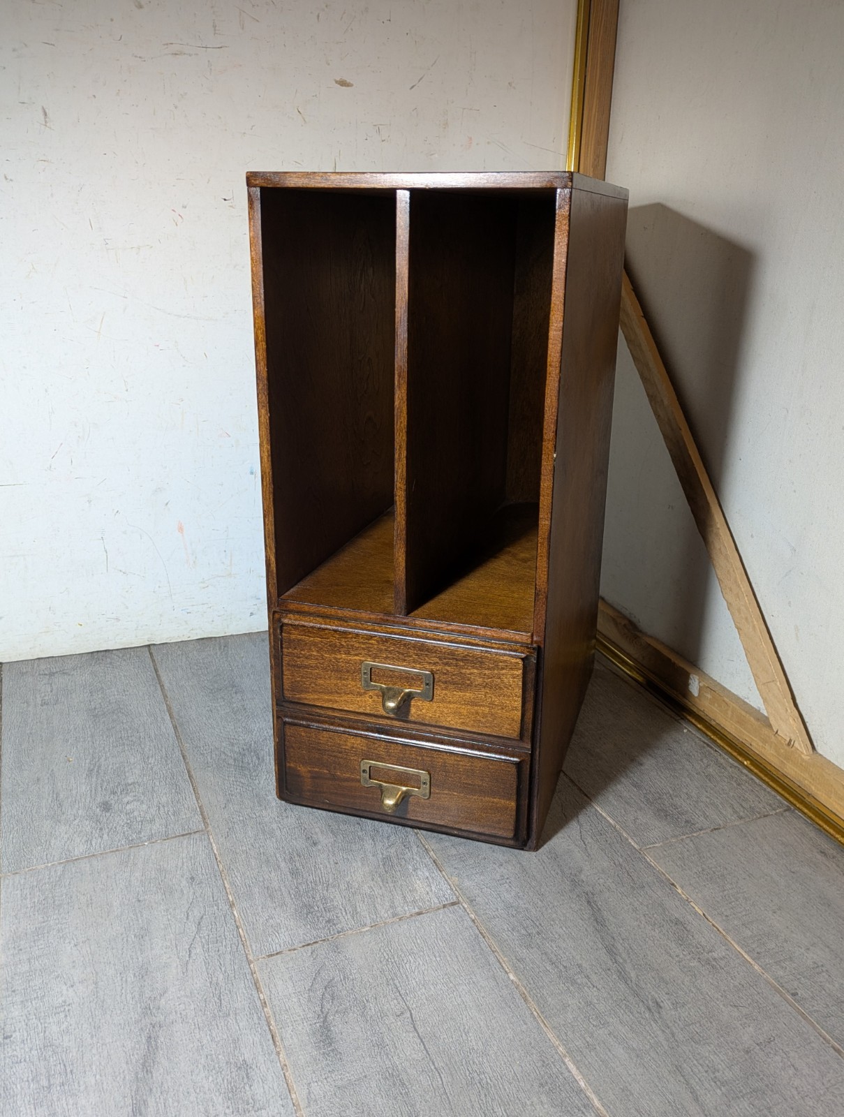 Vintage Wood Desktop Library Organizer Index Card Letter File Box Cabinet Drawer