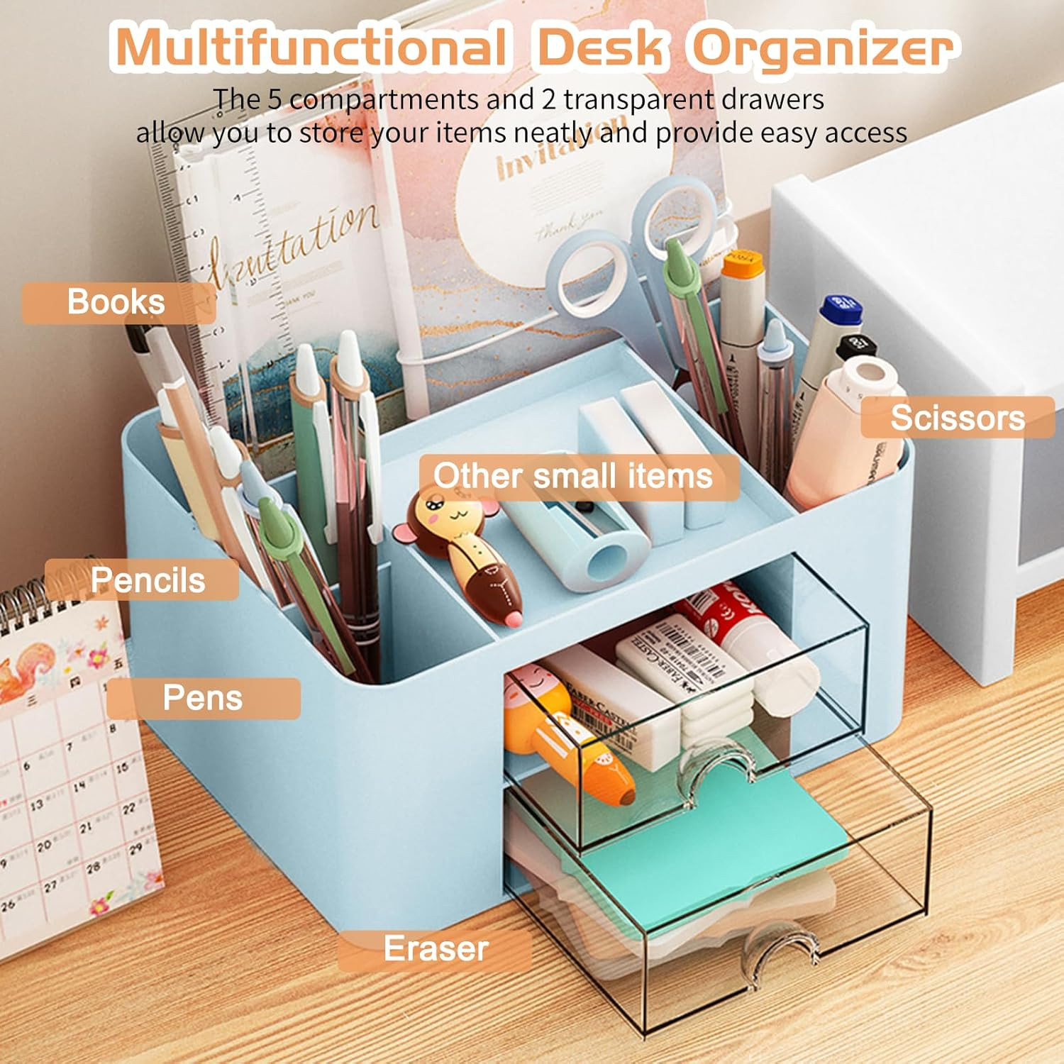 Pencil Pen Holder for Desk,2 Drawer Desk Organizers,5 Compartments Desktop Stora