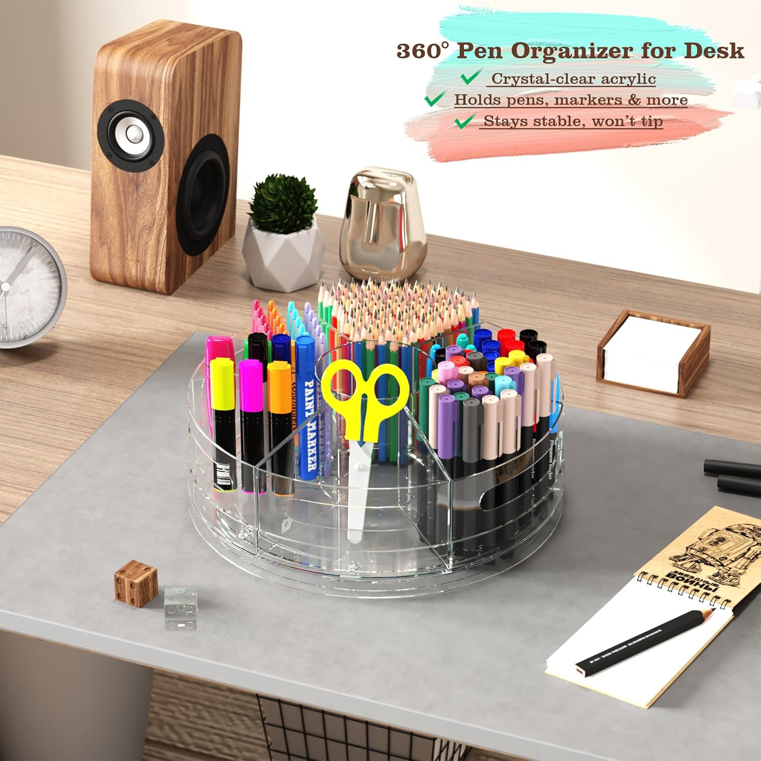 Rotating Organizer, Clear Acrylic Pen Holder and Pen Organizer for Desk, Art Sup