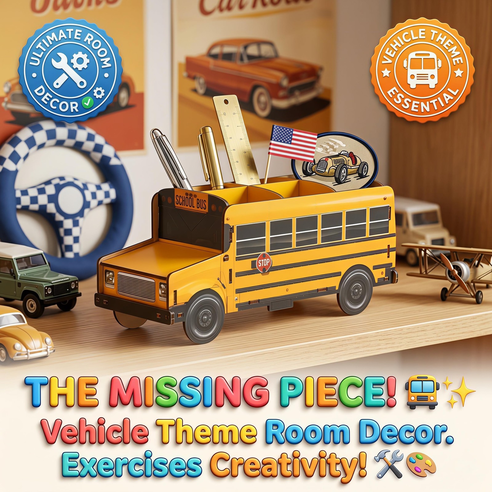 Cute Wooden School Bus Desk Decor & Pencil Holder – Retro Yellow Vehicle Stat…