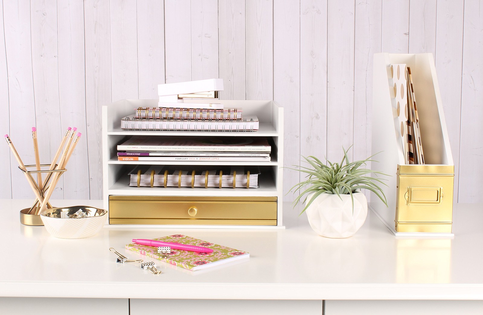 Industrious Desktop Wood Letter Tray with 3 Trays and Drawer, White and Gold