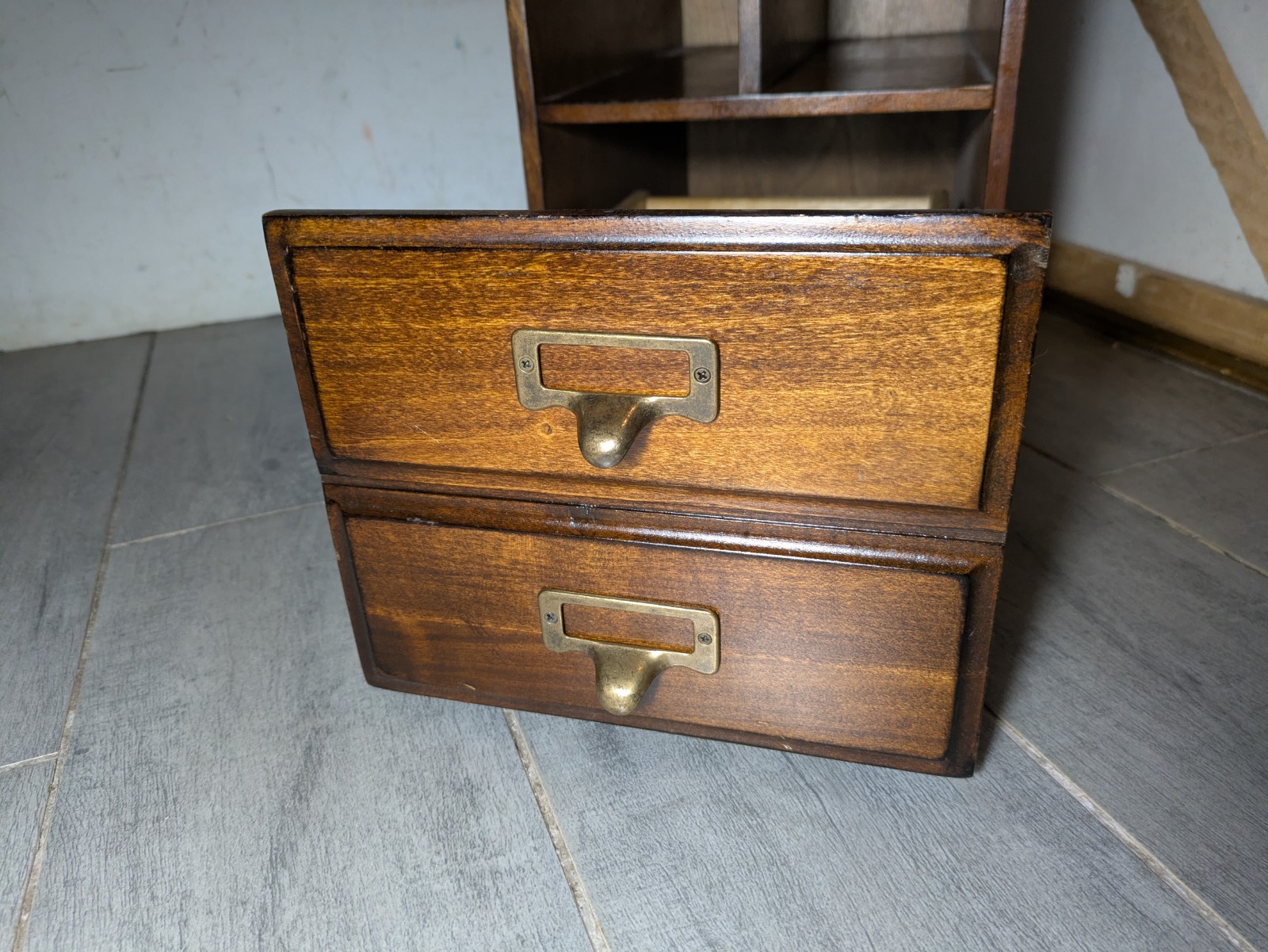 Vintage Wood Desktop Library Organizer Index Card Letter File Box Cabinet Drawer