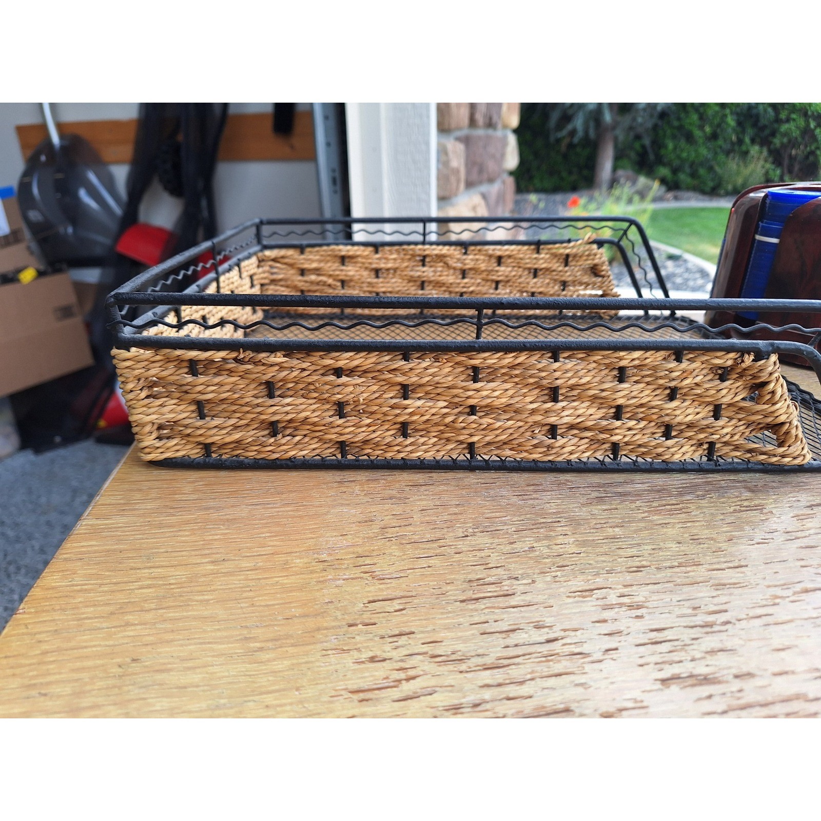 Black Metal Wire and Woven Seagrass Desk Organizer Paper Tray Rustic Farmhouse