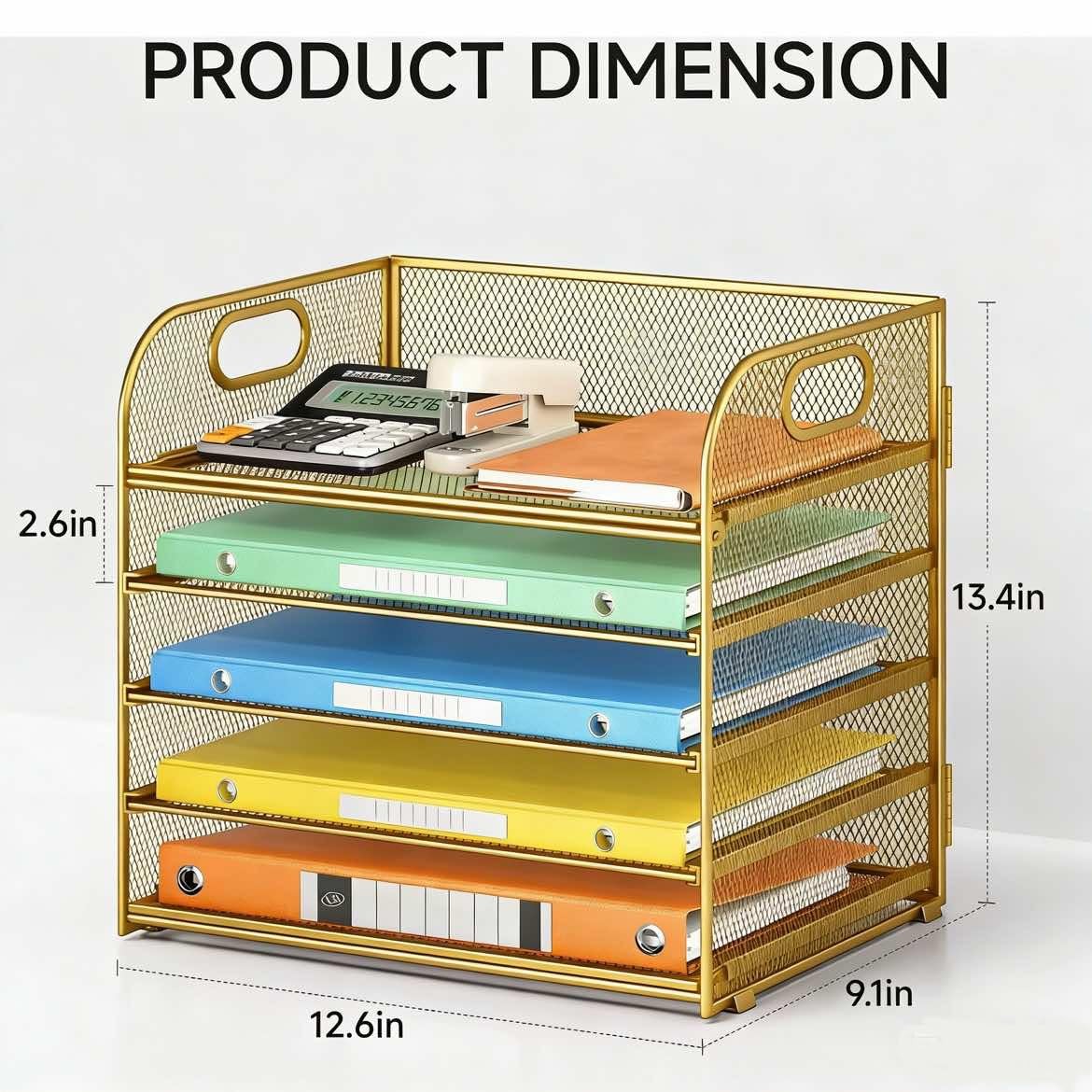 Lavatino Desk Paper Organizer Trays, Gold 5-Tier Mesh File Folder Sorter with