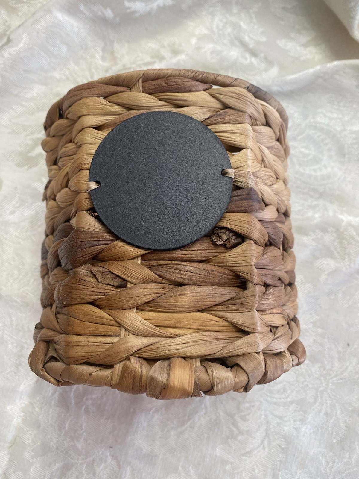 Thirty One Storage Basket 6” Tall Tan Blue Woven Wicker New Chalk Sign