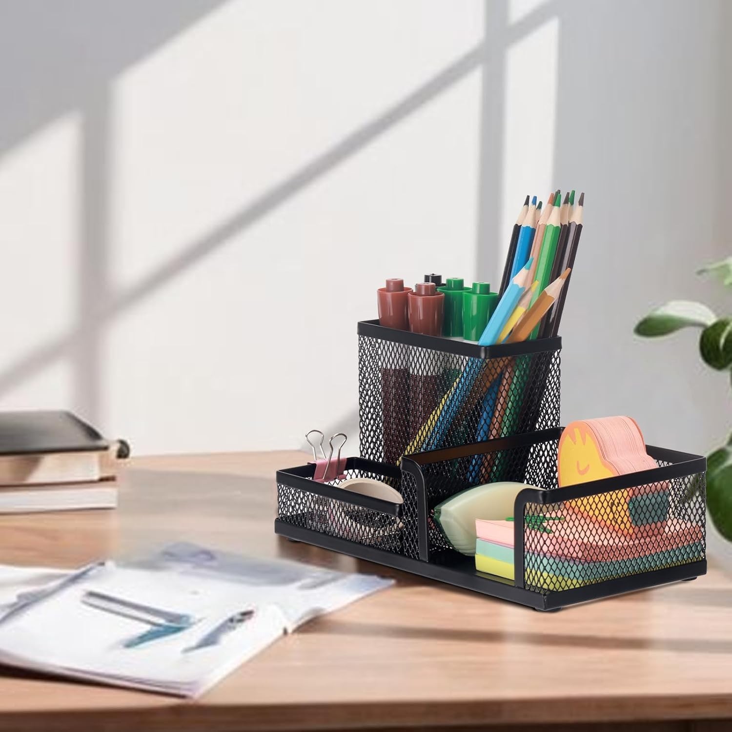 Mesh Pen Pencil Holder Desk Organizer, 3 Compartment Wire Desktop Pen Pencil …