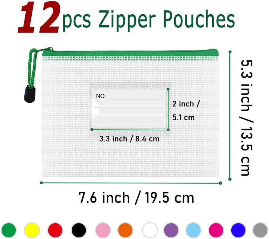 Plastic Mesh Zipper Pouch, 12Pcs Zipper File Bags with Label Pocket, Game Boards