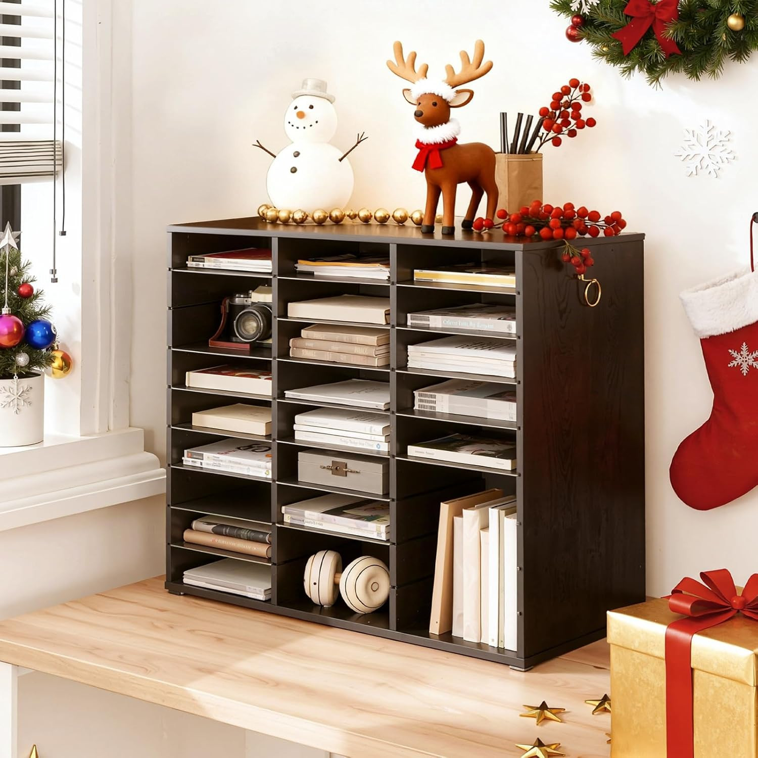 Literature Organizer, 27 Compartments Wooden Mail Organizer, Countertop Literatu