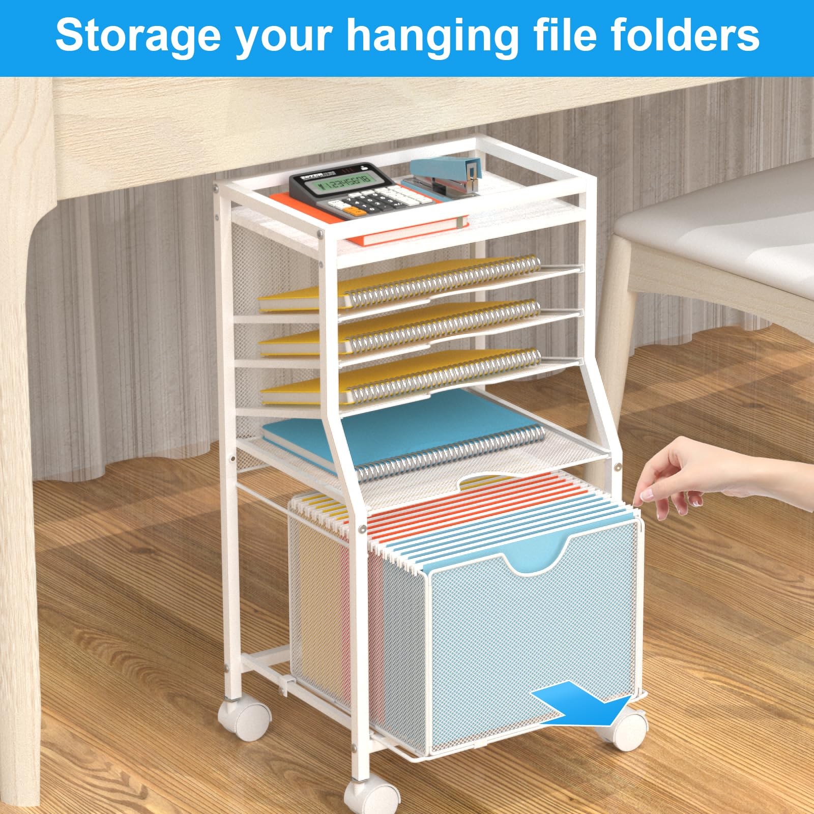 Rolling File Cart 6Tier Desk Organizer Lockable Wheels White Wood Planks